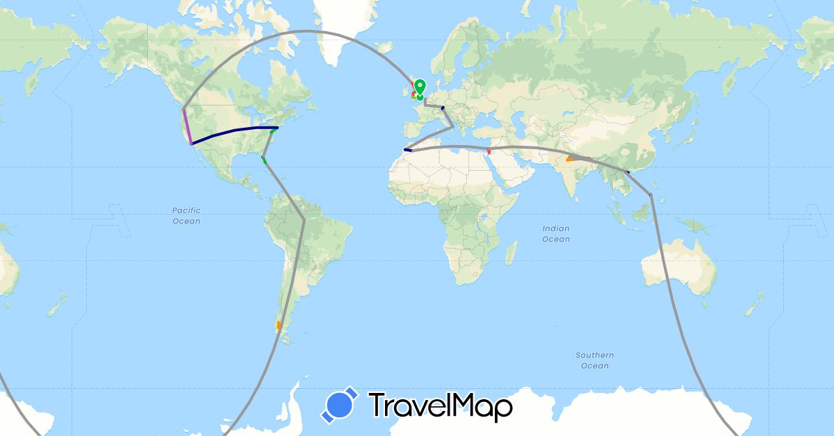 TravelMap itinerary: driving, bus, plane, train, hiking, boat, hitchhiking, electric vehicle in Argentina, Austria, Brazil, Chile, Germany, France, United Kingdom, Israel, India, Italy, Jordan, Morocco, Nepal, Philippines, Palestinian Territories, United States, Vietnam (Africa, Asia, Europe, North America, South America)